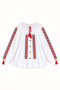 Blouse SÂNZIANA — Brodée main, rosaces rouge et noir
