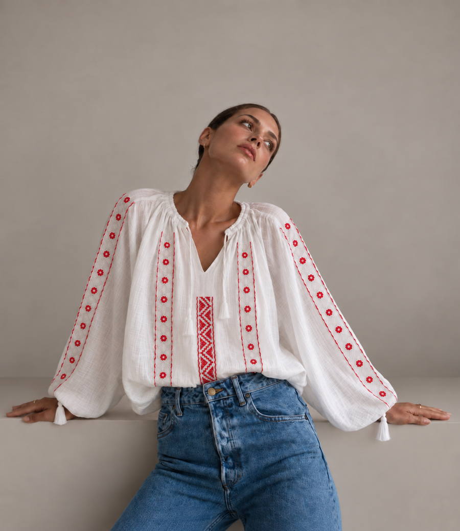 Blouse ZINA — Fleurs rouges et frise rose