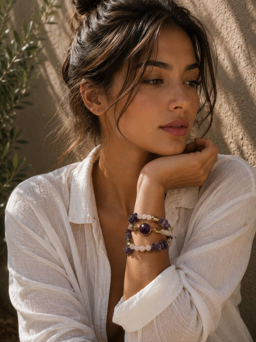 BRACELET AMÉTHYSTE & QUARTZ ROSE