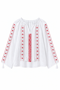 Blouse ZINA — Fleurs rouges et frise rose