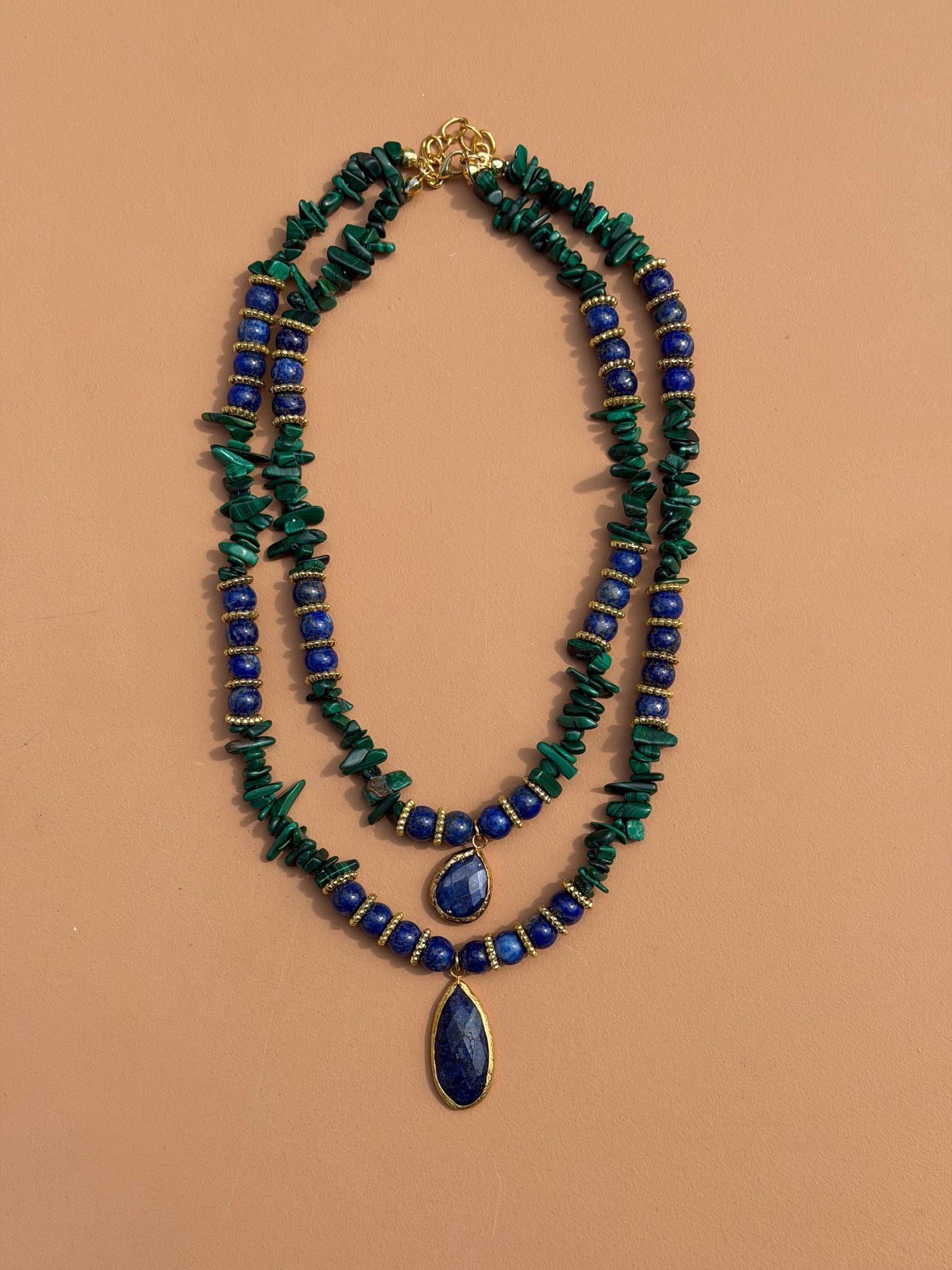 COLLIER MALACHITE & LAPIS DOUBLE PENDENTIF