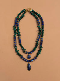 COLLIER MALACHITE & LAPIS DOUBLE PENDENTIF